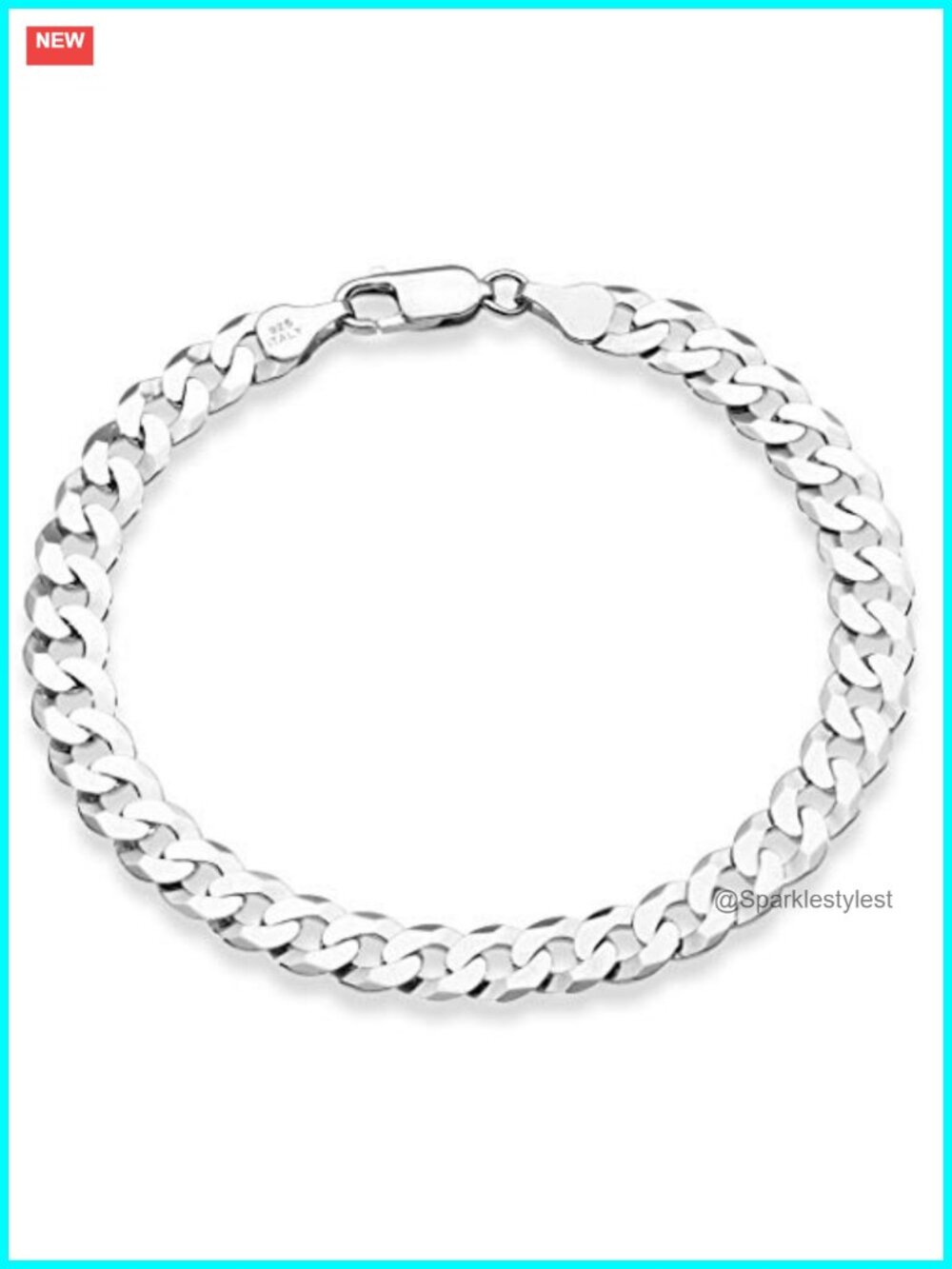 Italian Sterling Silver Curb Link Chain Bracelet Diamond-Cut 7mm 8"